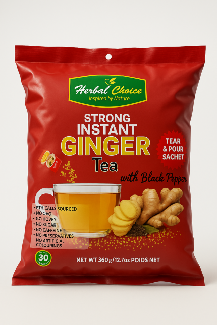 Strong instant ginger tea with black pepper , no honey , no sugar