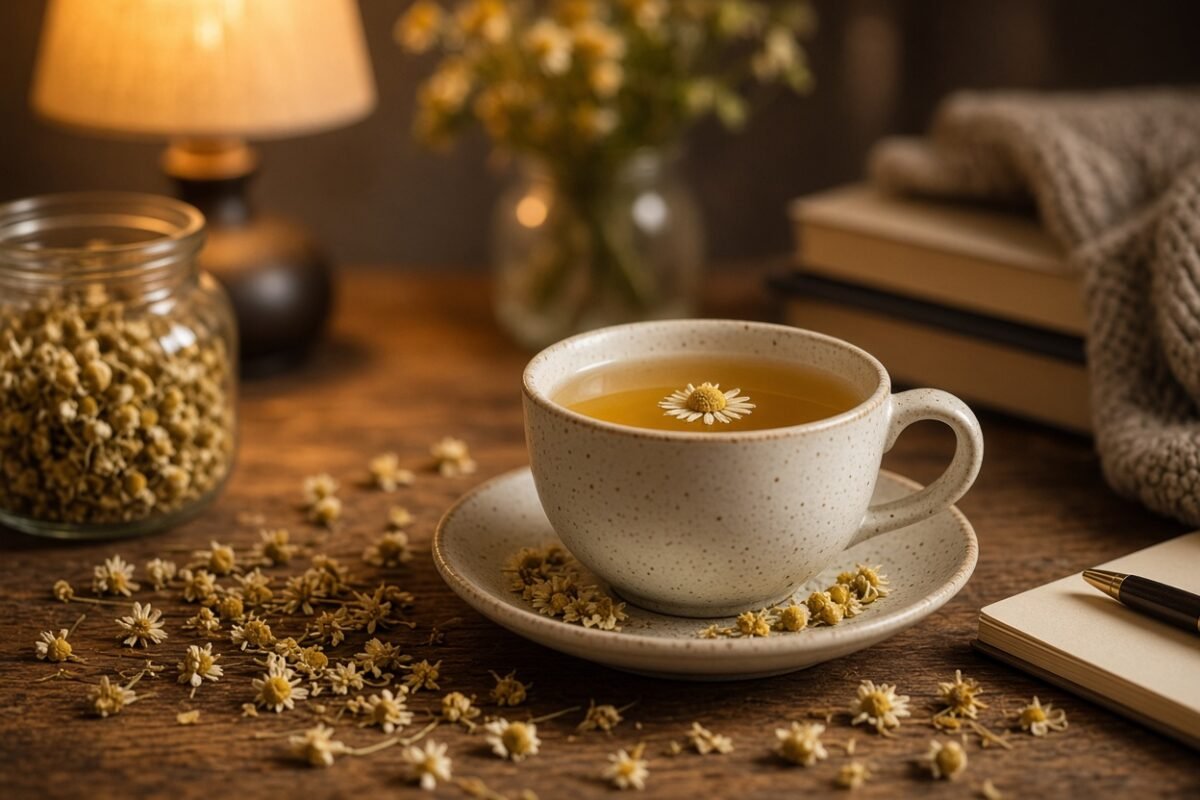 Cup of chamomile tea with dried chamomile flowers