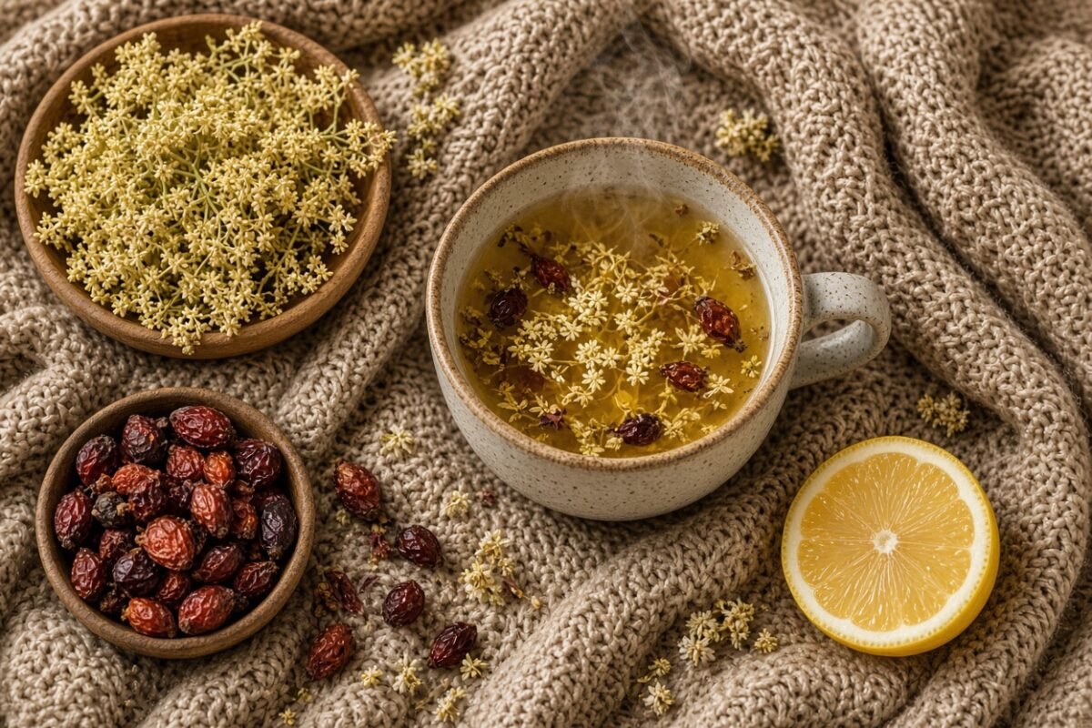 Steaming mug of cold and flu tea with dried elderflower, rosehip and lemon