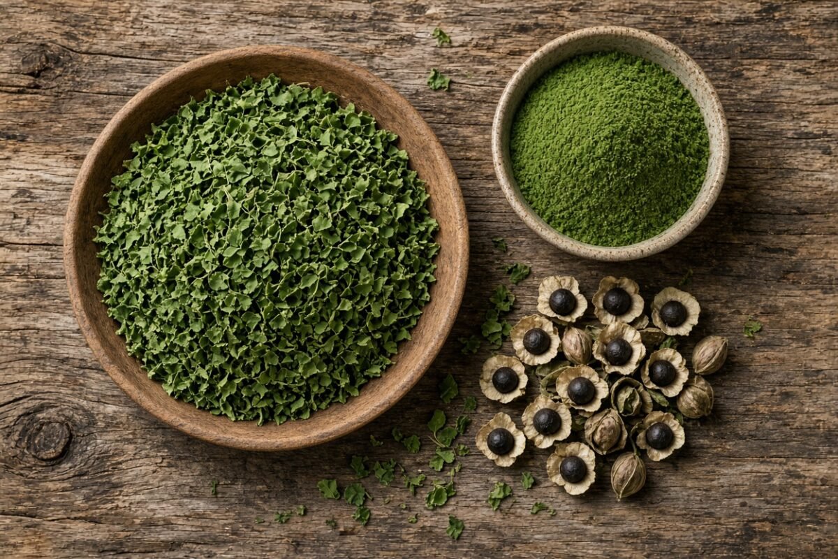 Moringa tea benefits: dried leaves, powder and seeds on a wooden table