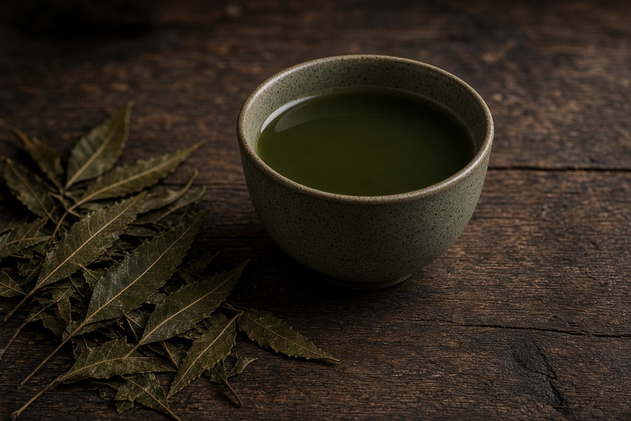 Neem tea benefits: a cup of dark green neem tea with dried leaves