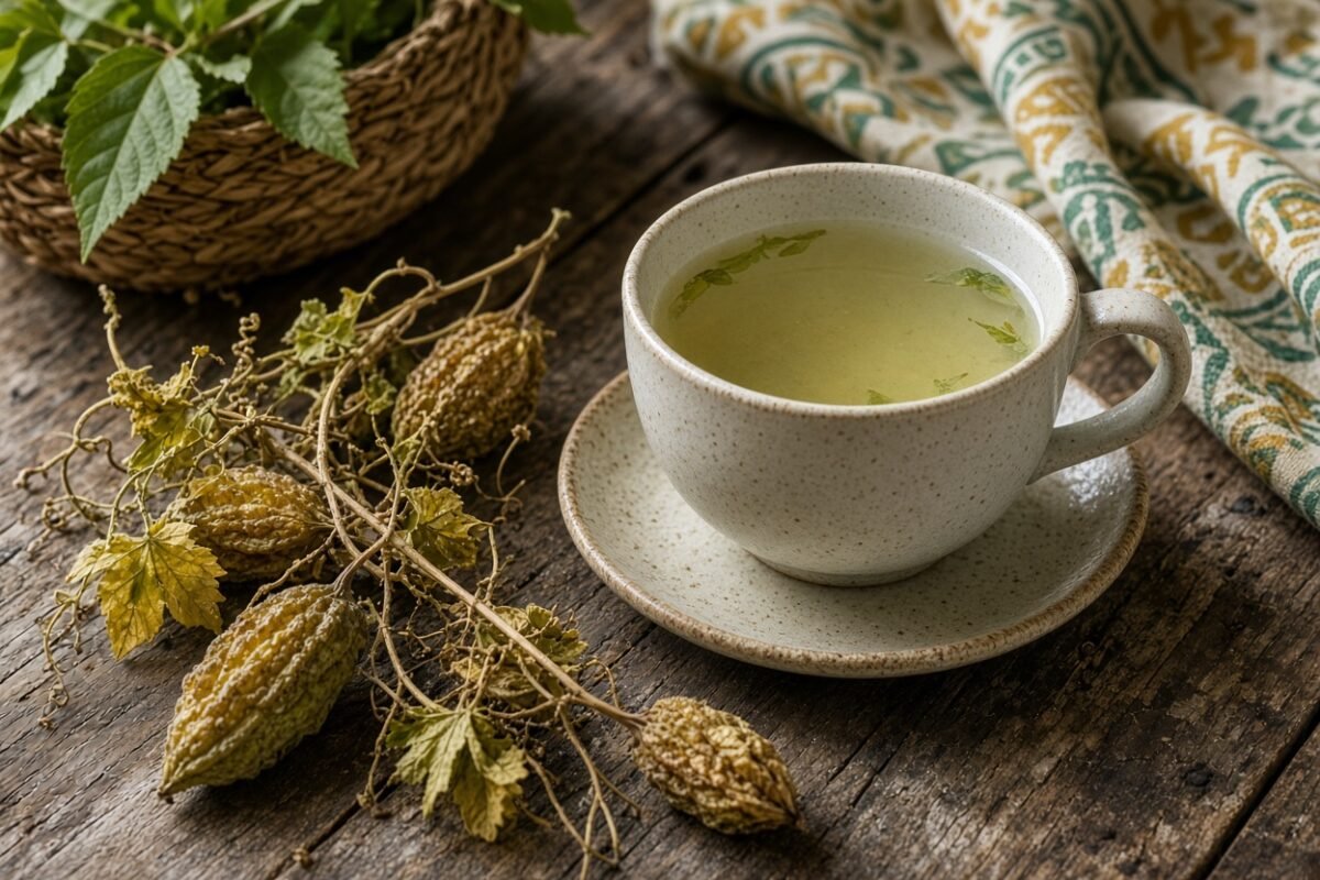 Cerasee tea benefits: a cup of pale green tea with dried bitter melon vine