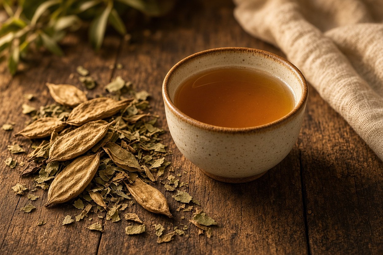Senna tea benefits: a cup of amber tea with dried senna pods and leaves