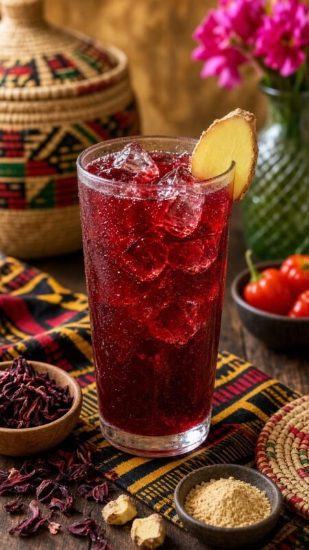 Hibiscus sorrel zobo drink served chilled with ice and ginger