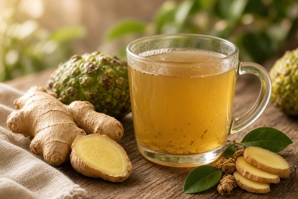 Noni ginger tea benefits: a golden mug with fresh noni and ginger