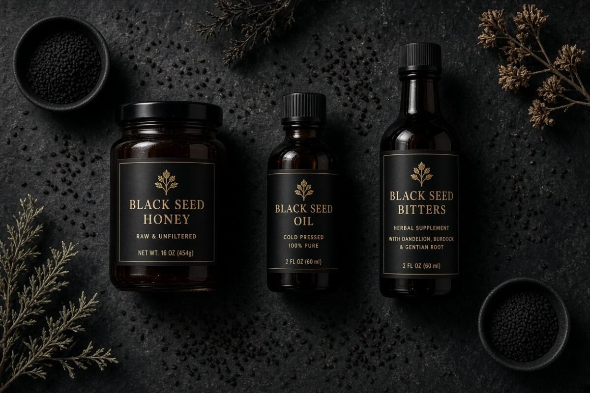 Black seed benefits: honey, oil and bitters with scattered seeds