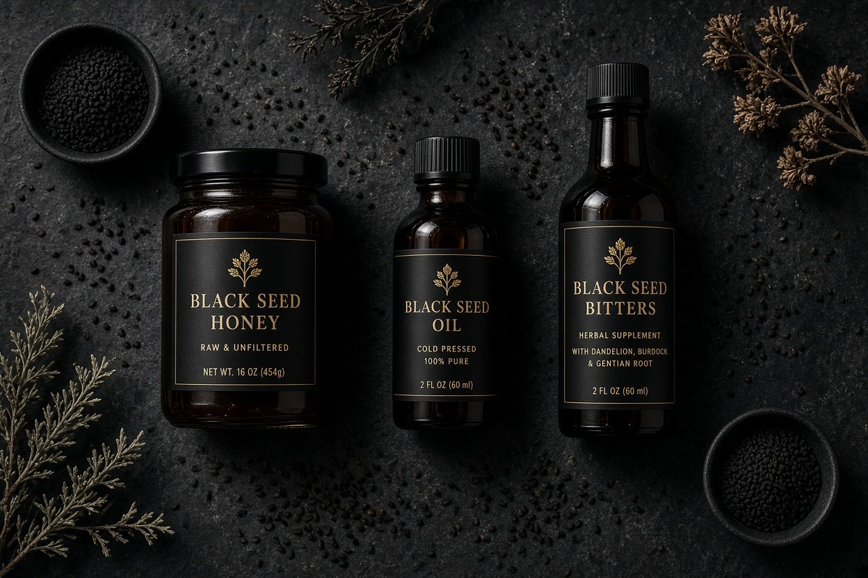 Black seed benefits: honey, oil and bitters with scattered seeds