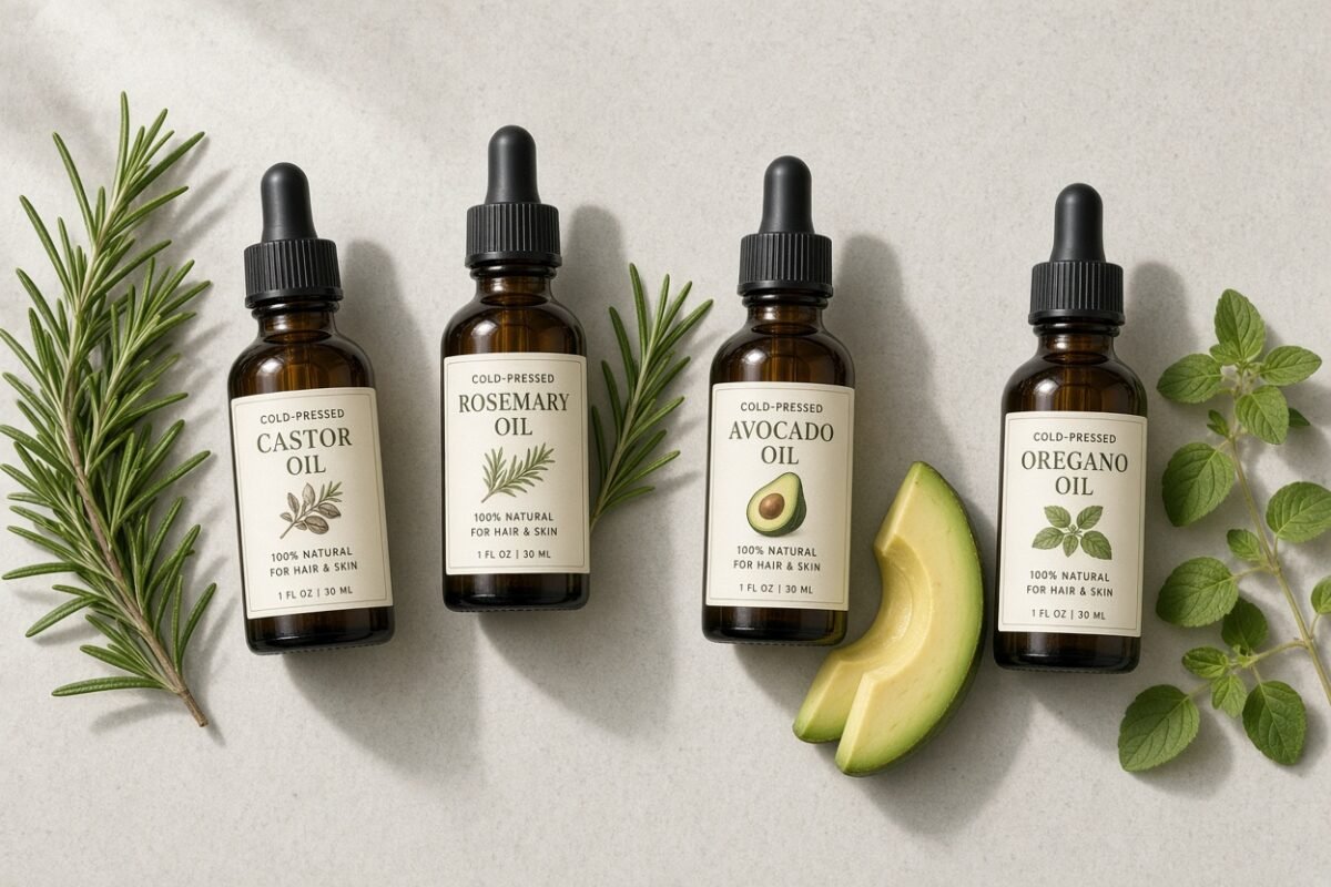 Herbal oils for hair and skin: castor, rosemary, avocado and oregano bottles