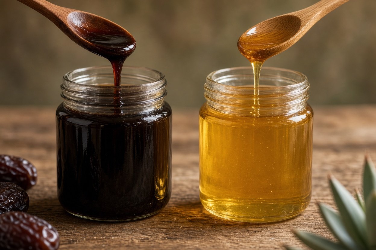 Natural sweeteners for tea: date syrup and blue agave syrup jars