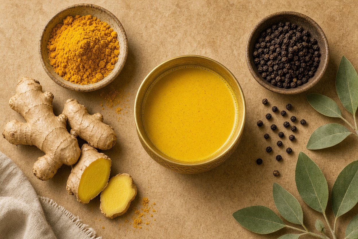 Turmeric ginger black pepper tea ingredients flat lay