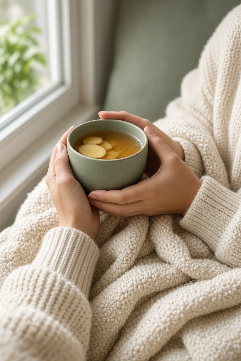 Woman holding a warm mug of ginger tea for women
