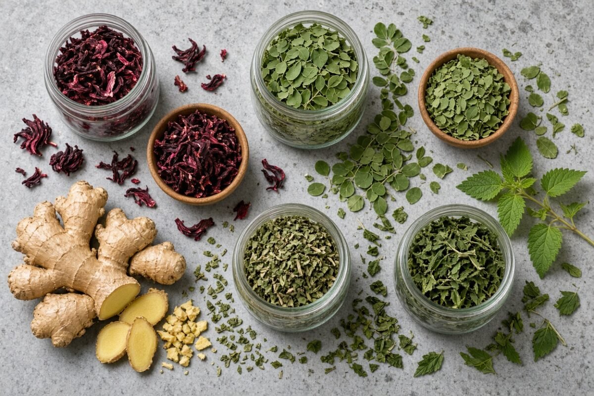 Flat lay of super tea blend ingredients including hibiscus and moringa