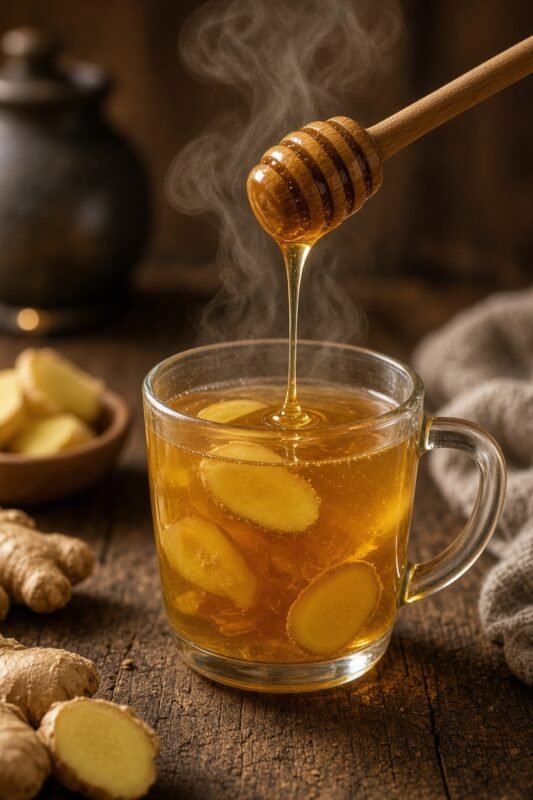 Ginger honey tea with honey dipper drizzling into a glass mug
