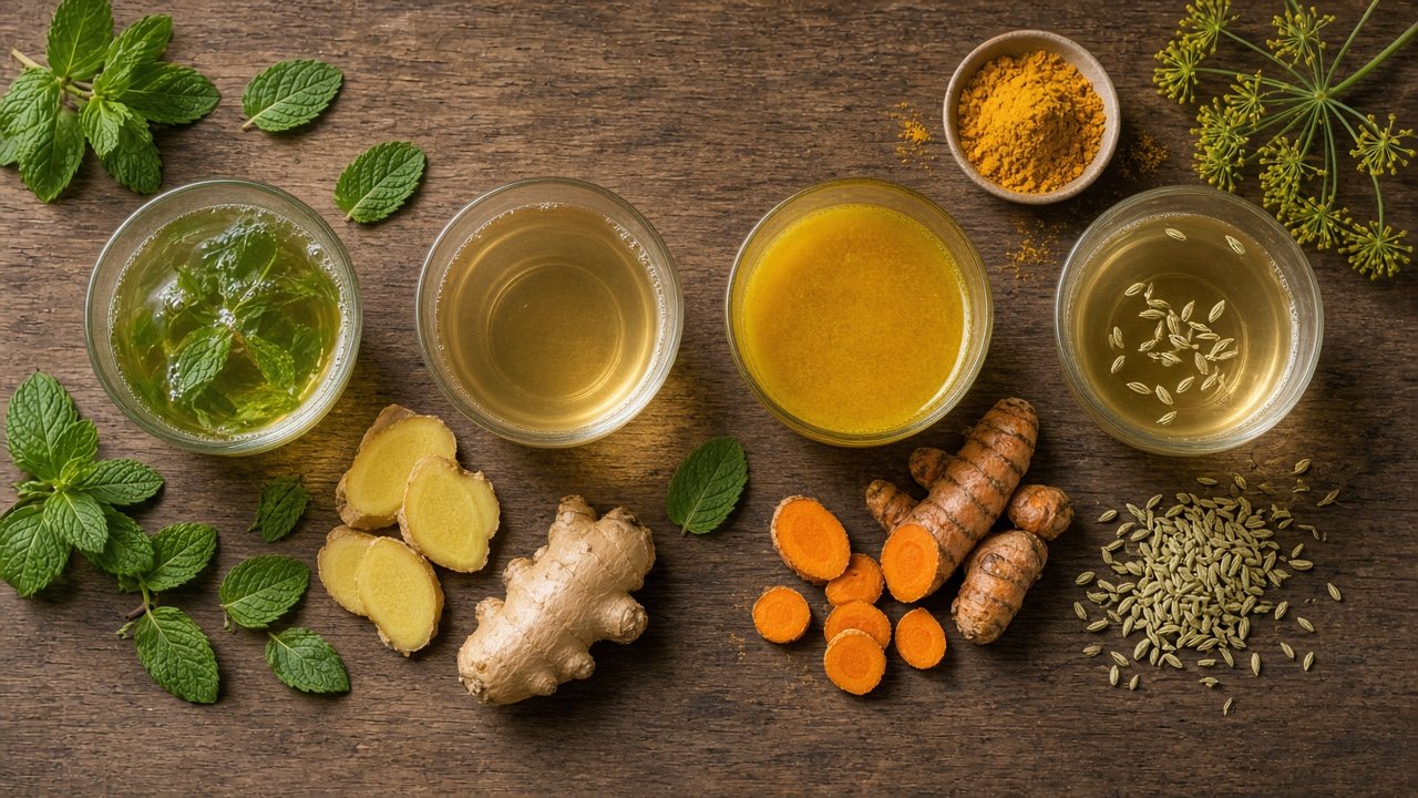 Four herbal teas for digestion, ginger mint turmeric fennel, in glass cups