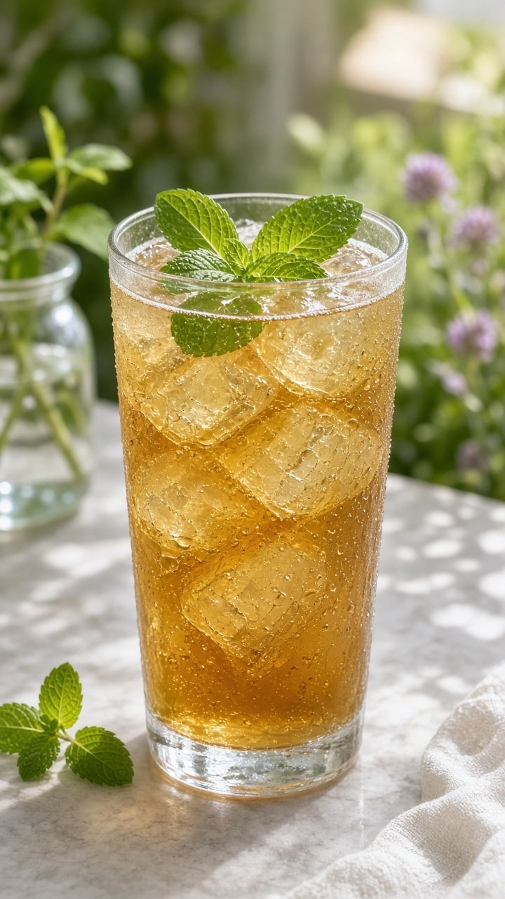 Tall glass of iced mint tea with fresh mint leaves