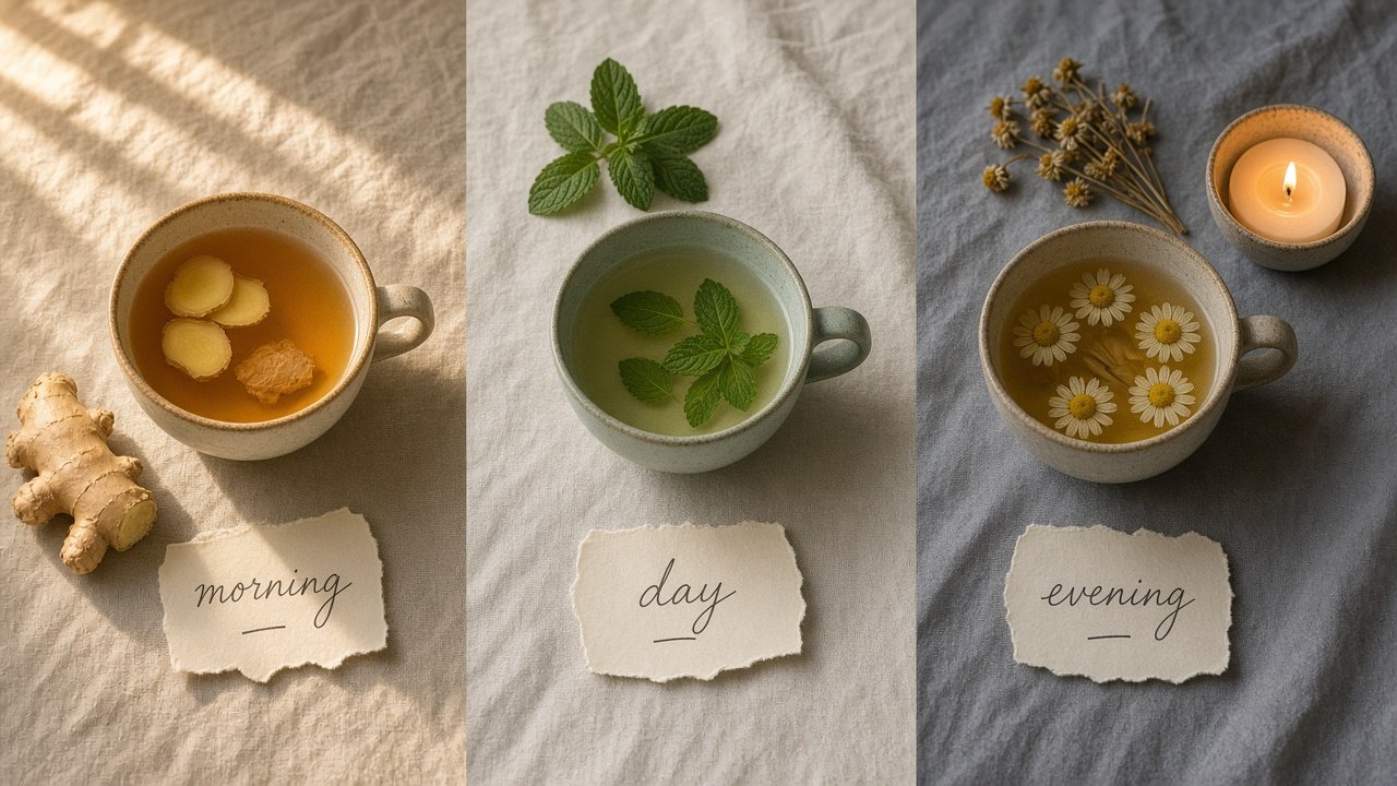 Best time to drink herbal tea, morning ginger to evening chamomile flat lay