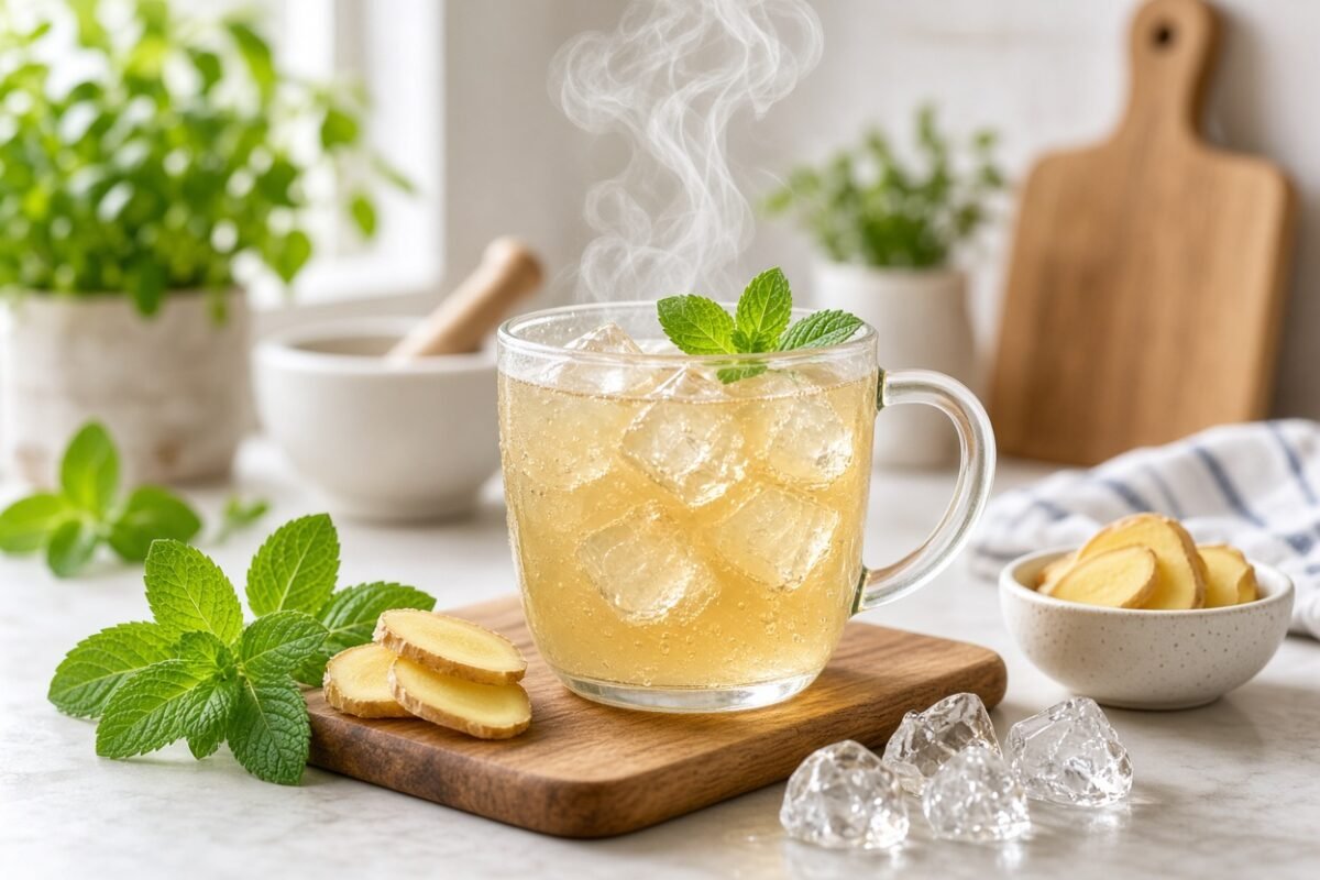 Mug of ginger mint tea with fresh mint and ginger