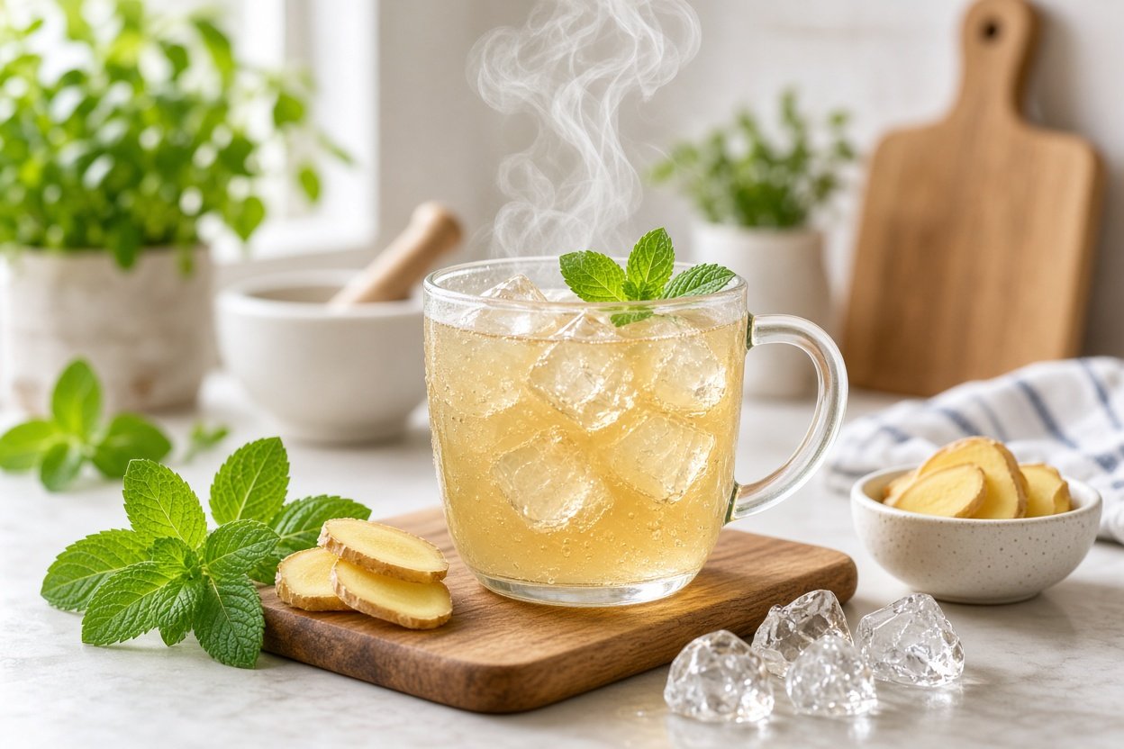 Mug of ginger mint tea with fresh mint and ginger