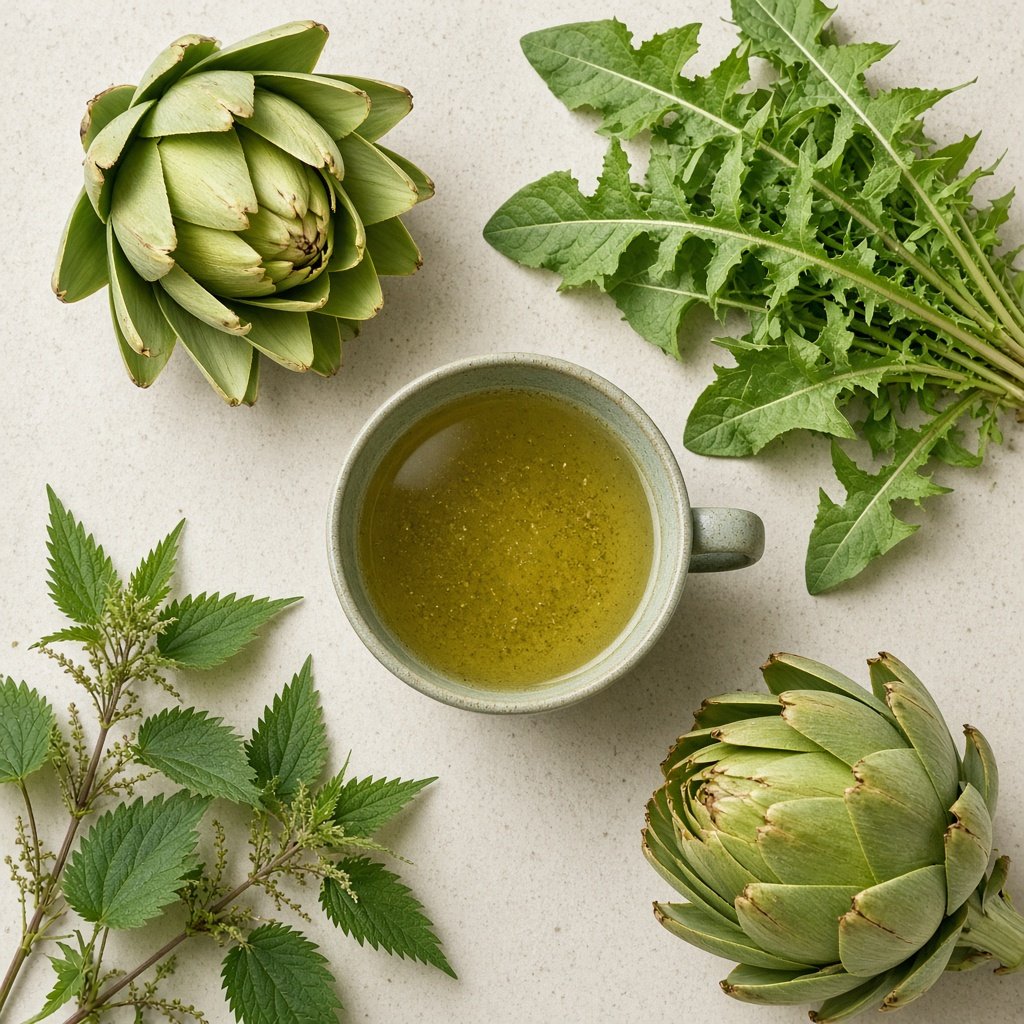 Cup of golden herbal detox tea with fresh artichoke leaves and nettle