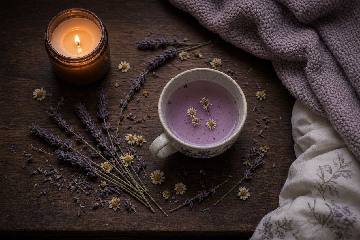 Cup of purple herbal bedtime tea on a nightstand with lavender and chamomile