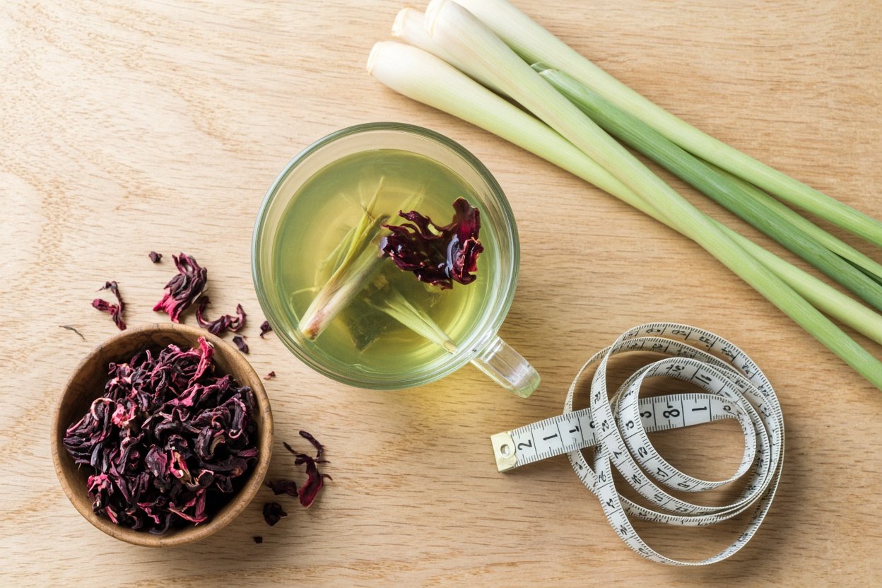 Glass mug of herbal slimming tea with dried hibiscus and lemongrass on a wooden table