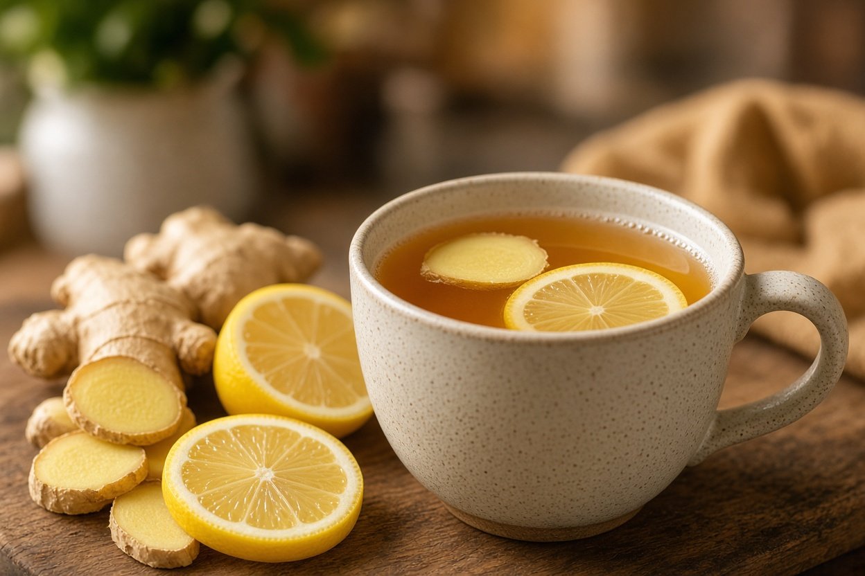 Mug of lemon and ginger tea with fresh lemon and ginger