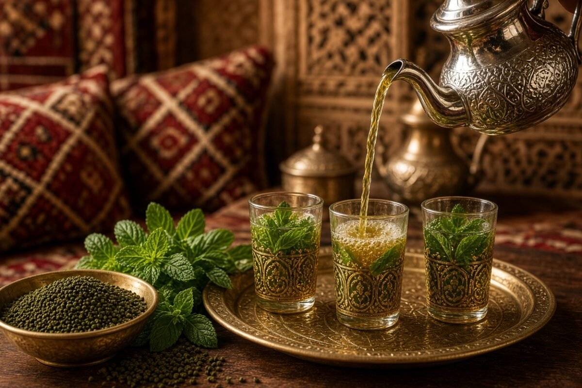 Moroccan mint tea poured into ornate glasses