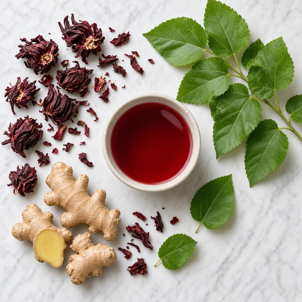 Cup of red hibiscus blood pressure support tea with dried hibiscus flowers and ginger root
