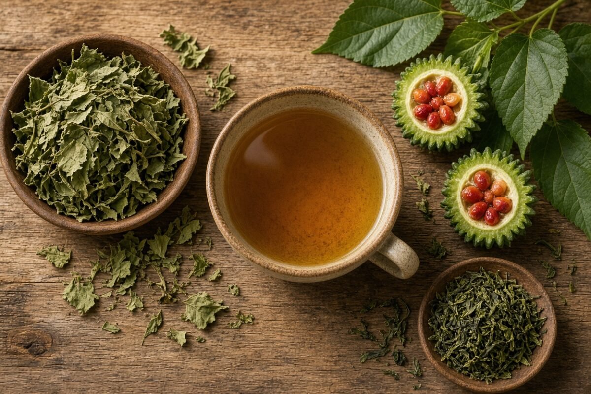 Cup of herbal blood sugar support tea surrounded by gymnema leaves, bitter melon and green tea leaves