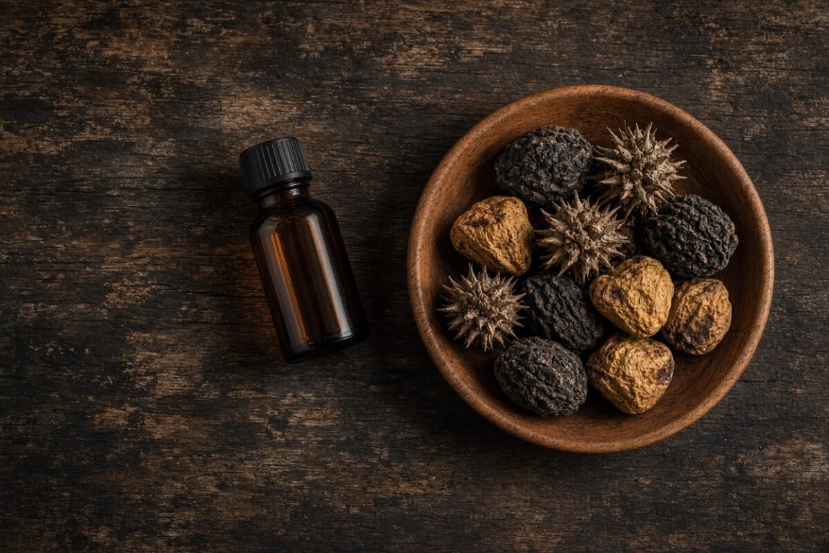 Amber bottle of shilajit tonic beside bitter kola and tribulus seed pods