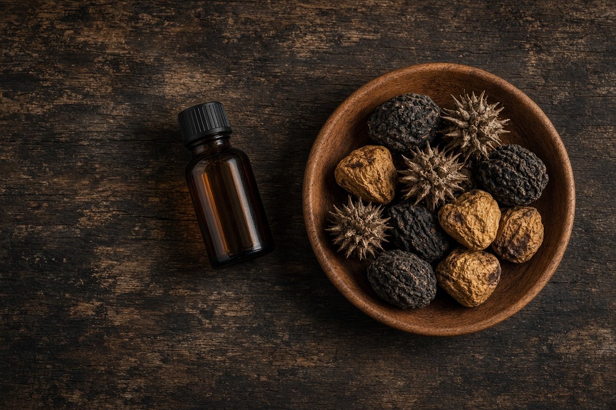 Amber bottle of shilajit tonic beside bitter kola and tribulus seed pods