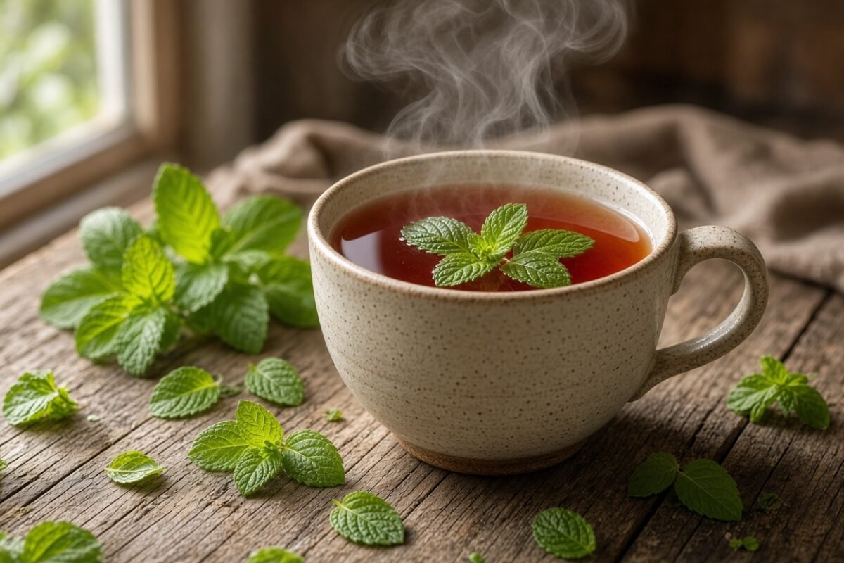 Steaming mug of peppermint tea with fresh mint leaves