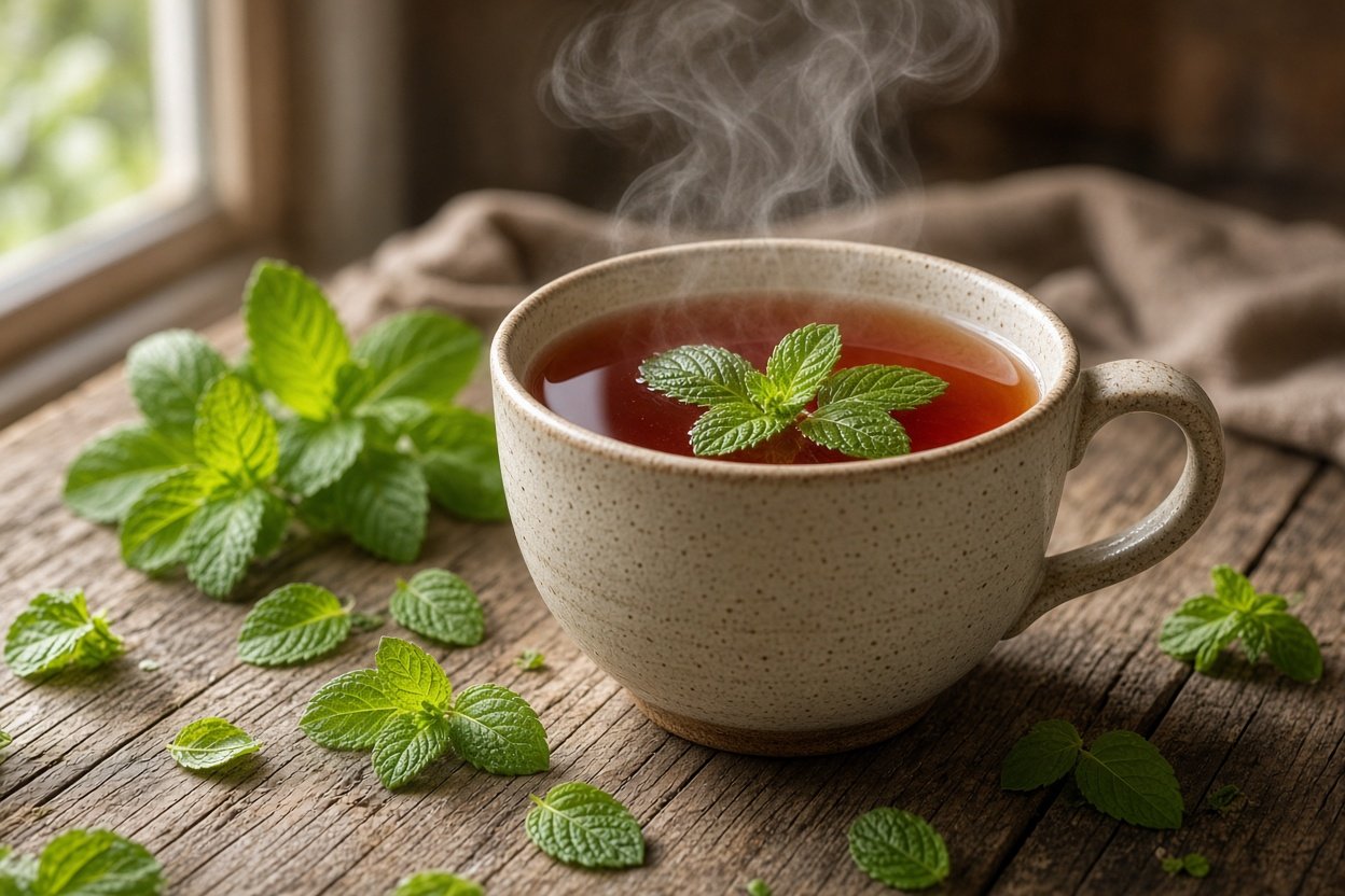 Steaming mug of peppermint tea with fresh mint leaves