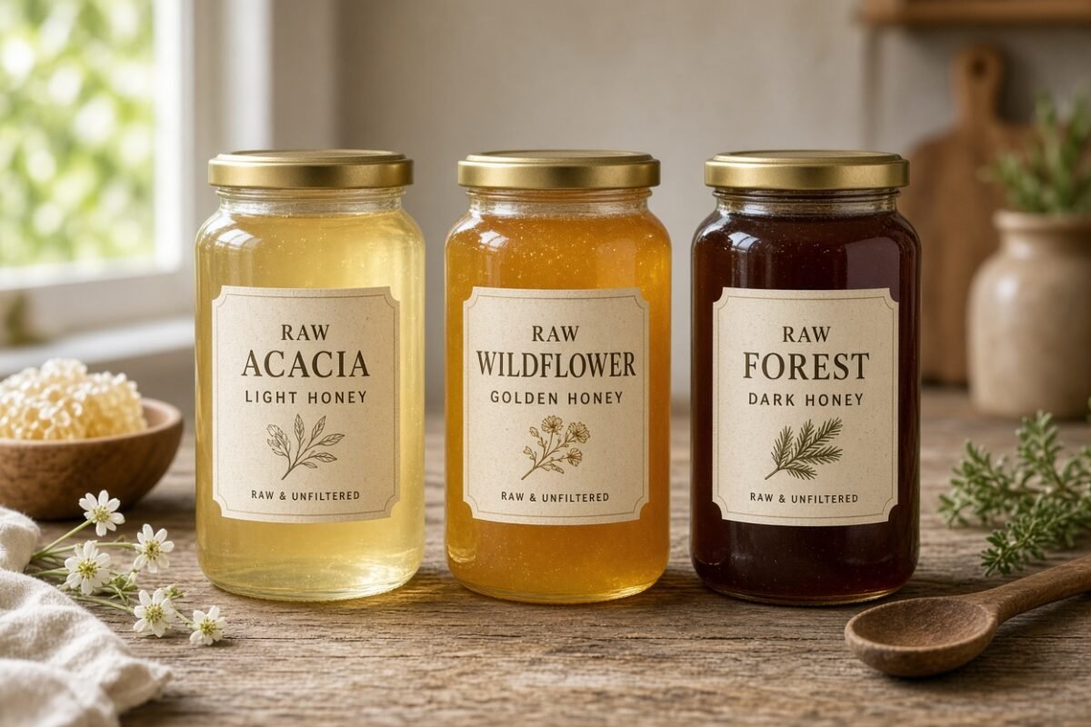 Three jars of raw honey: acacia, wildflower and forest honey