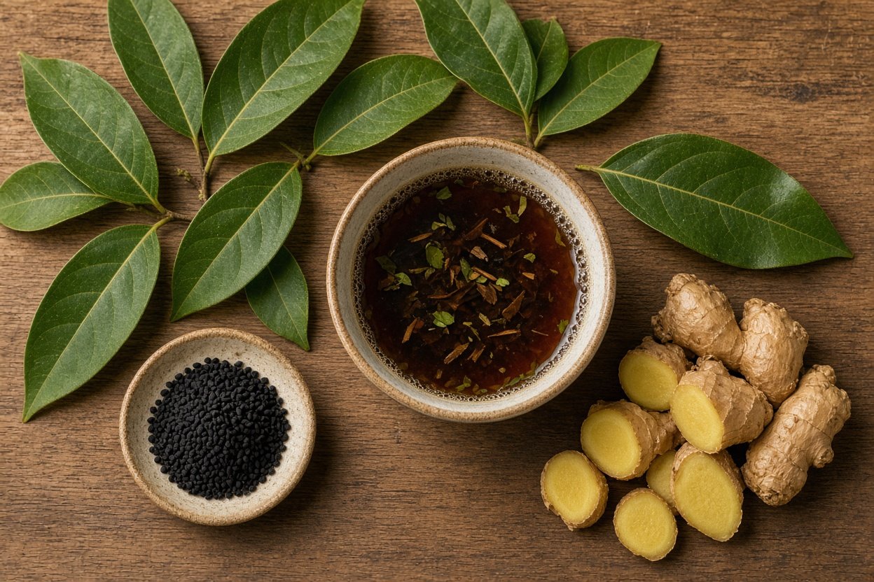 Cup of soursop black seed and ginger tea with fresh soursop leaves and sliced ginger