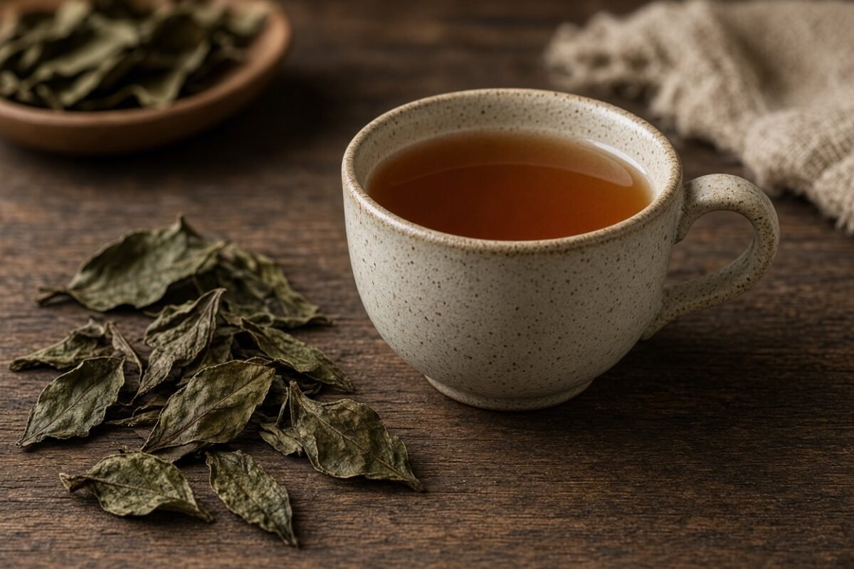 Cup of soursop leaf tea with dried soursop leaves
