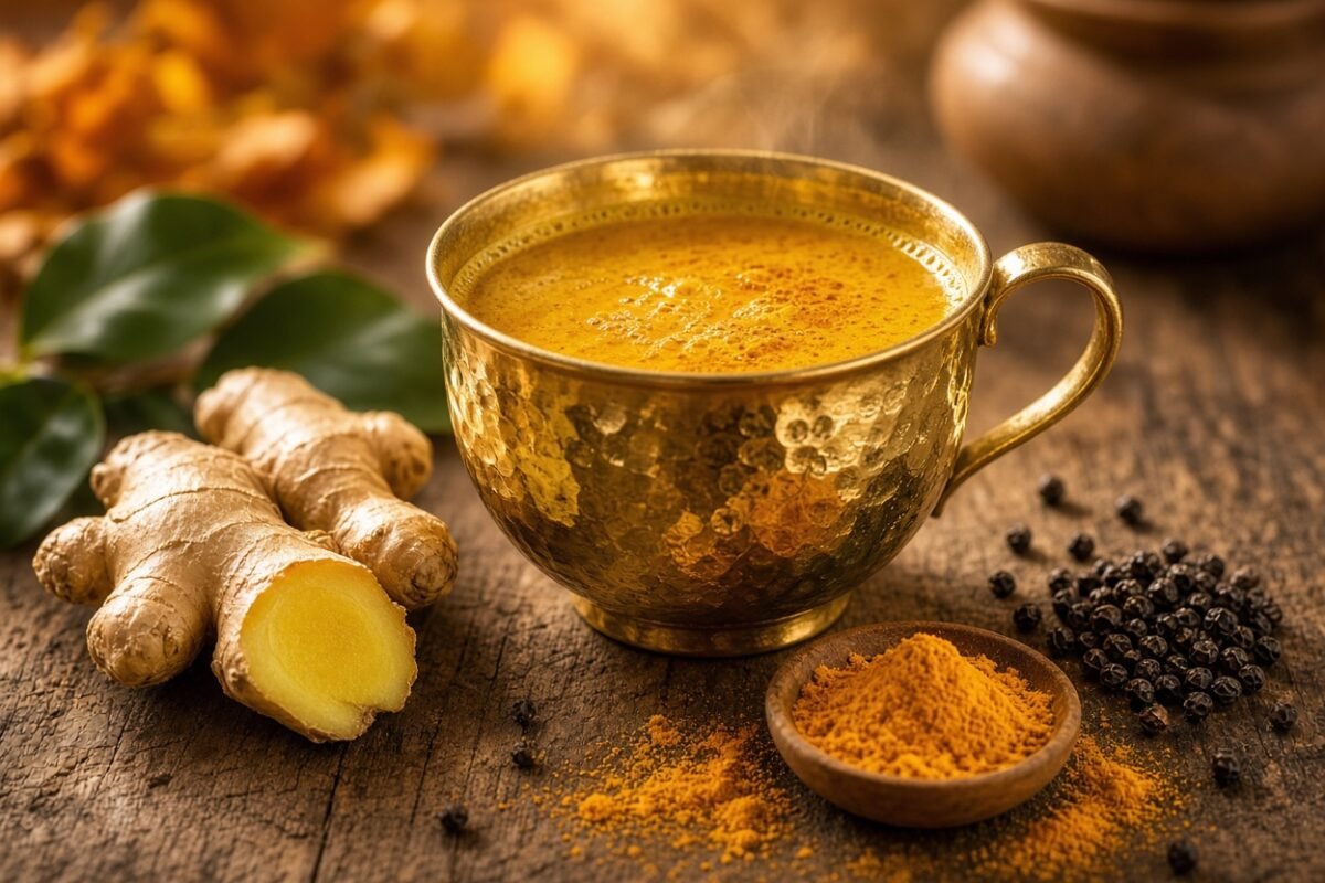 Golden cup of turmeric ginger tea with turmeric and black pepper