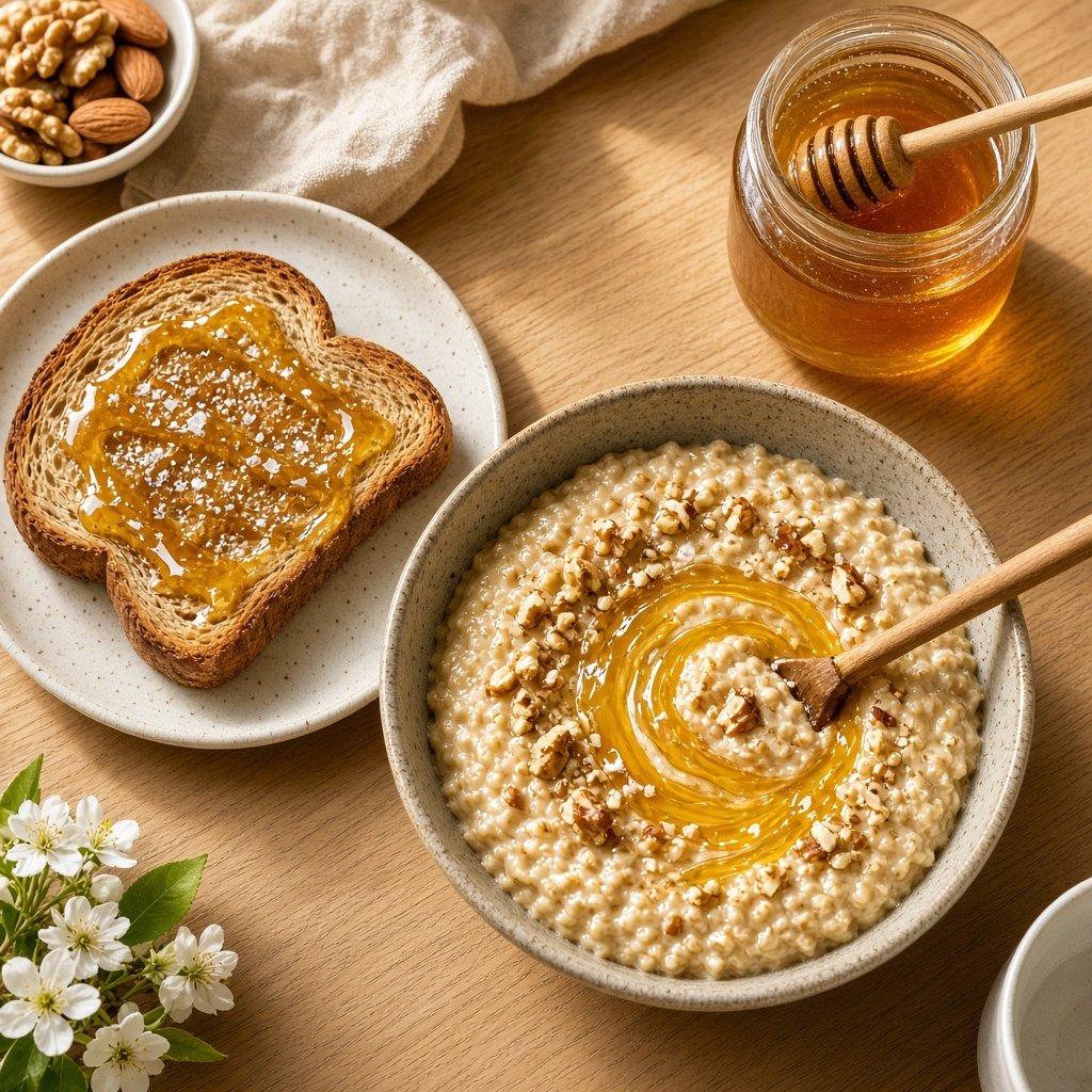 Raw honey drizzled over toast and porridge