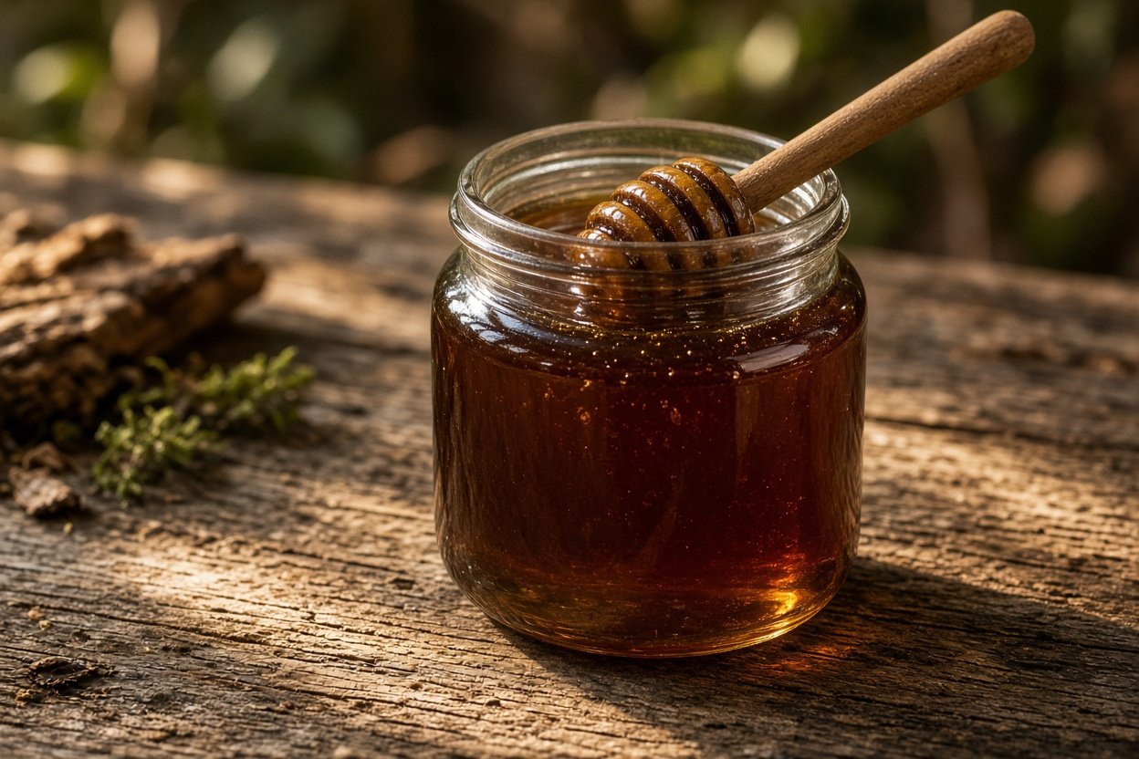 Jar of dark amber raw forest honey with a wooden honey dipper