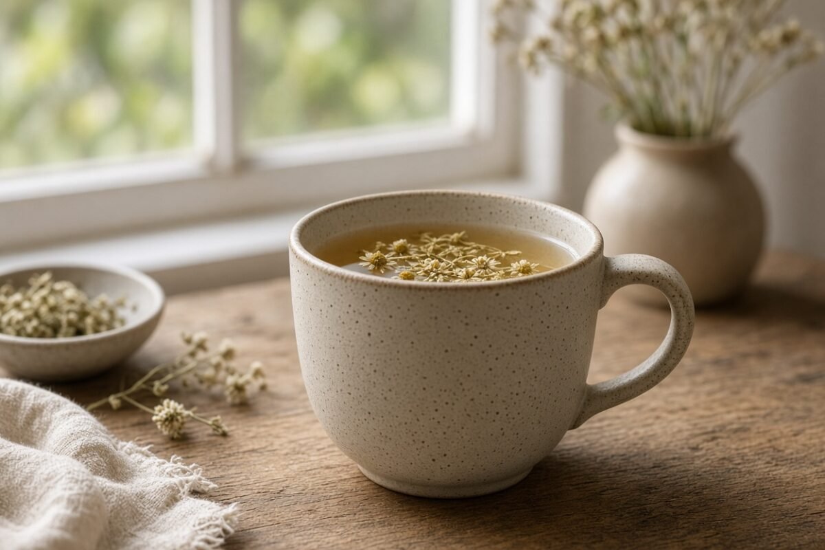Warm cup of herbal tea in a ceramic mug on a table by a window