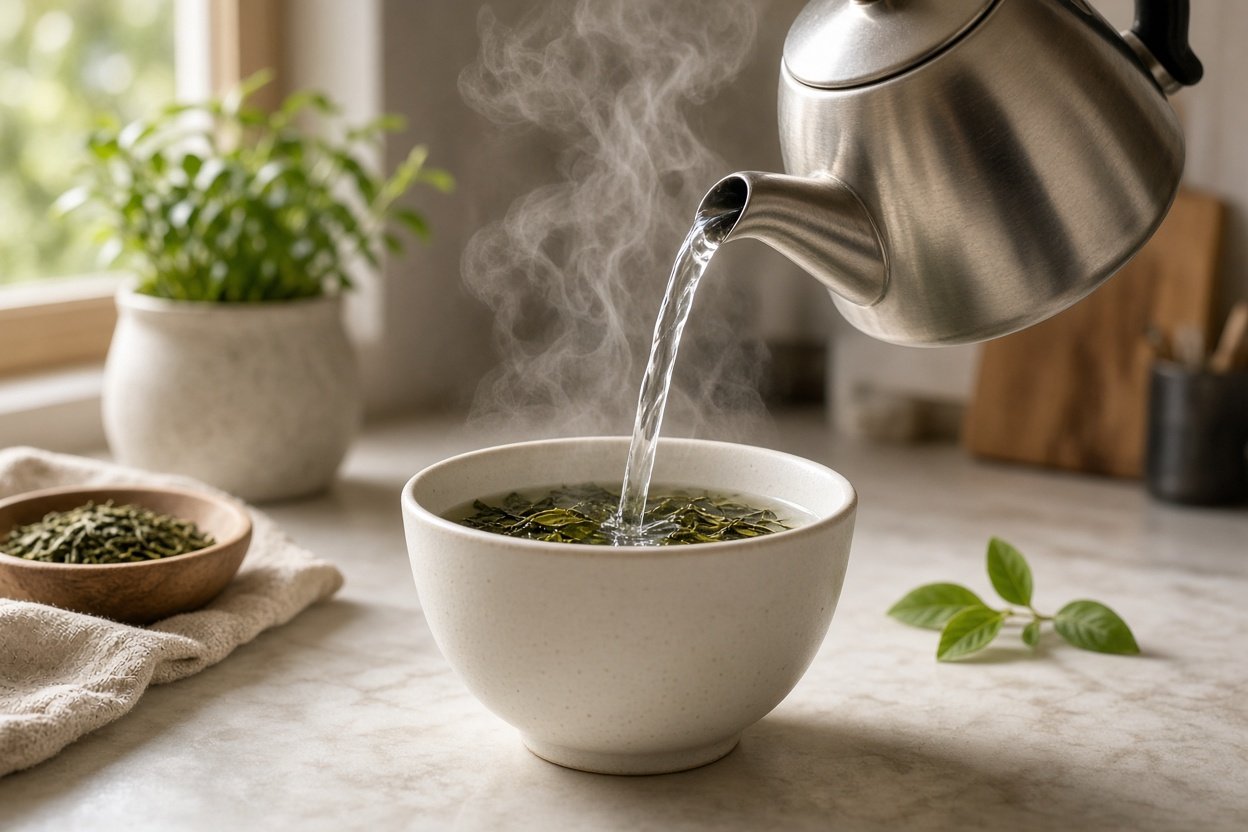 Pouring hot water from a kettle over green tea leaves in a cup