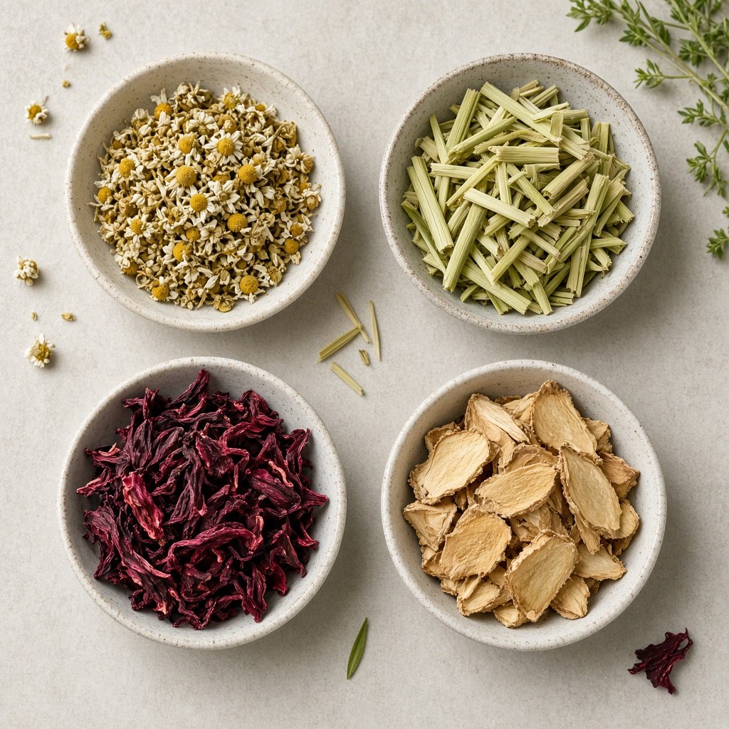 Chamomile, lemongrass, dried hibiscus and ginger in small bowls