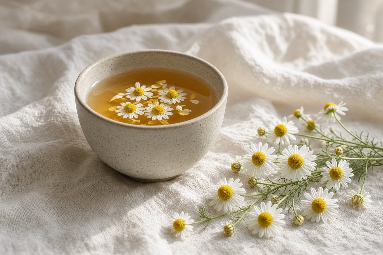 Cup of chamomile tea with fresh chamomile flowers on a linen cloth