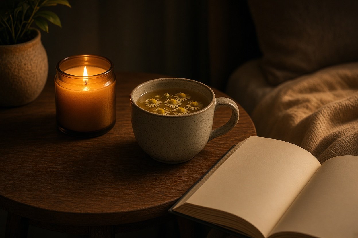 Mug of chamomile tea beside a candle and a book on a bedside table