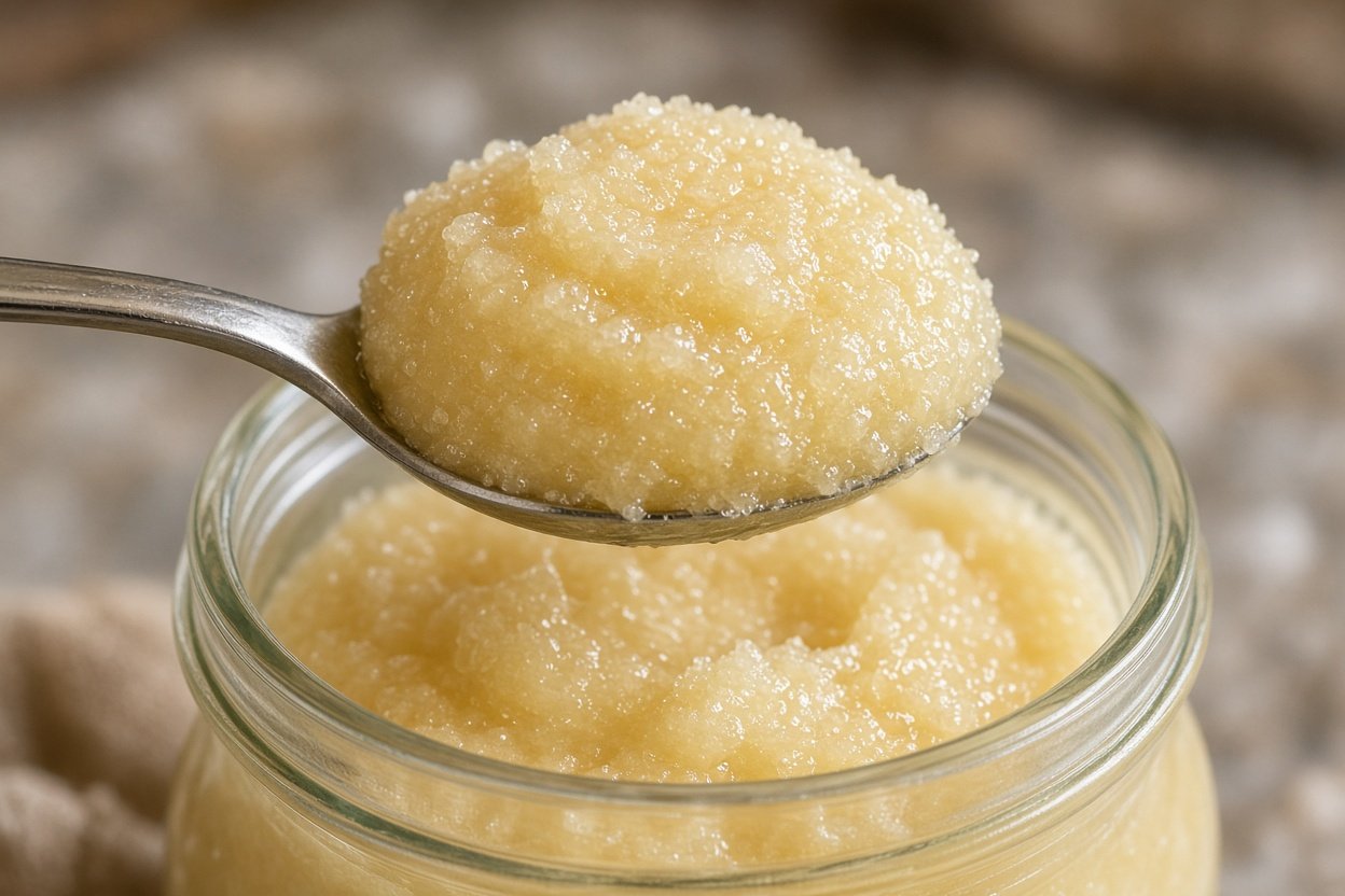 Crystallised creamy raw honey on a spoon above an open jar