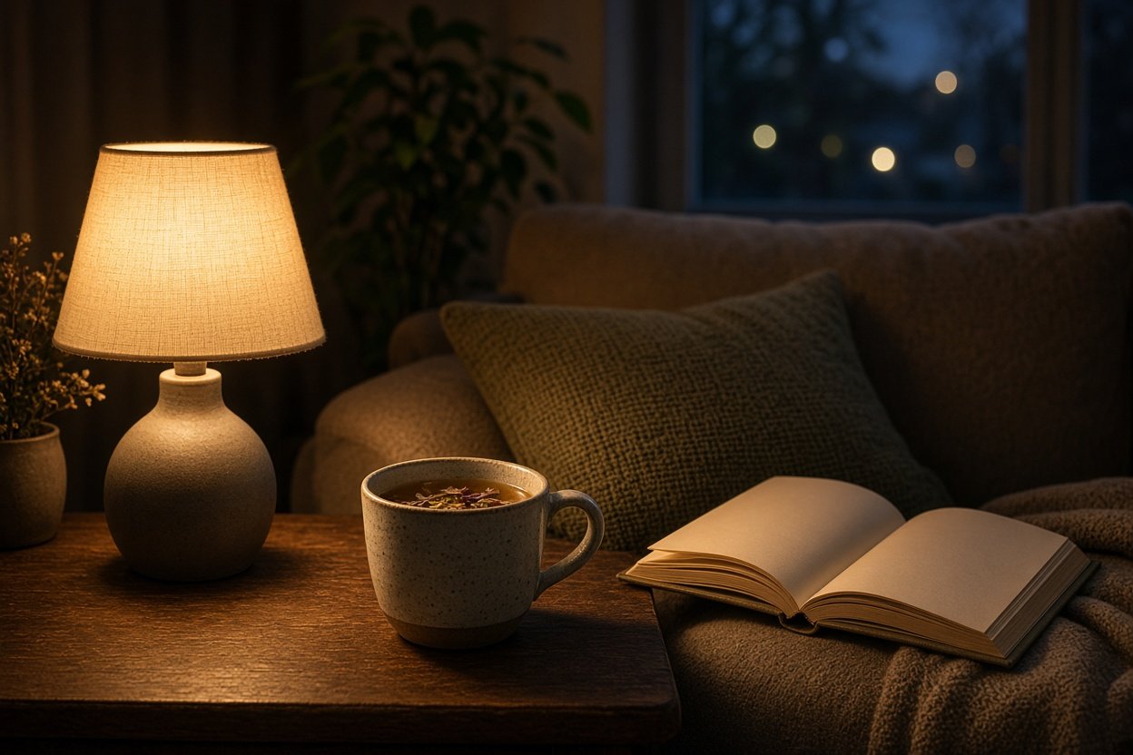 Mug of herbal tea beside a lamp and a book on a sofa in the evening
