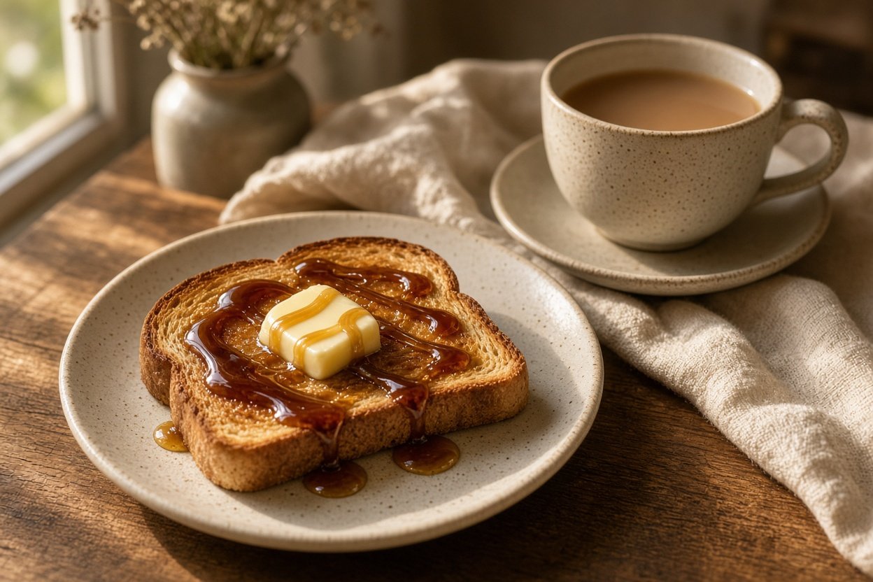 Toast with butter and dark honey drizzled on top beside a cup of tea
