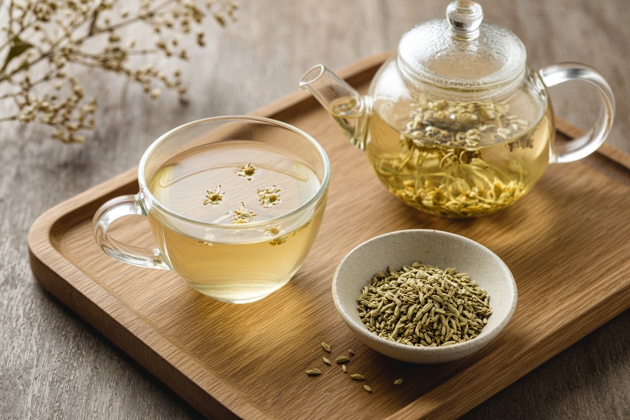 Small cup of chamomile tea beside a teapot and dried fennel seeds