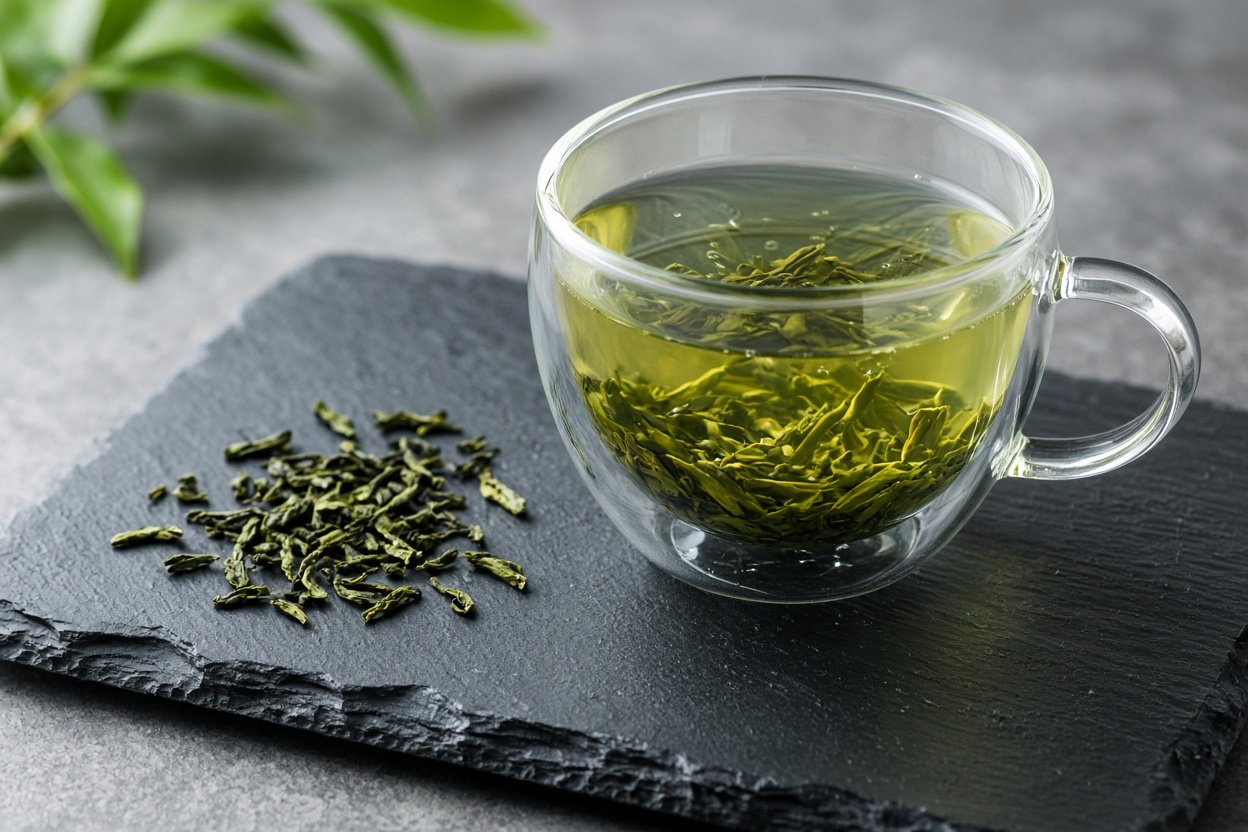 Glass cup of green tea with loose green tea leaves on a slate board