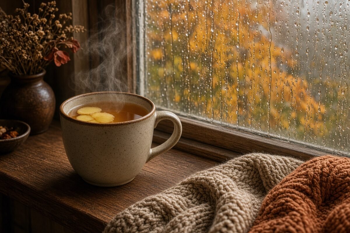Steaming mug of ginger tea on a windowsill with rain on the glass